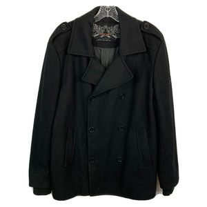 Brody Coat Mens Sz‎ M Black Wool Buttoned Lined Military Pea Pockets Logo